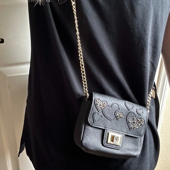 Limited Edition Y2K Juicy Couture Black Leather Hearts Gold Chain Crossbody Bag - Picture 1 of 16